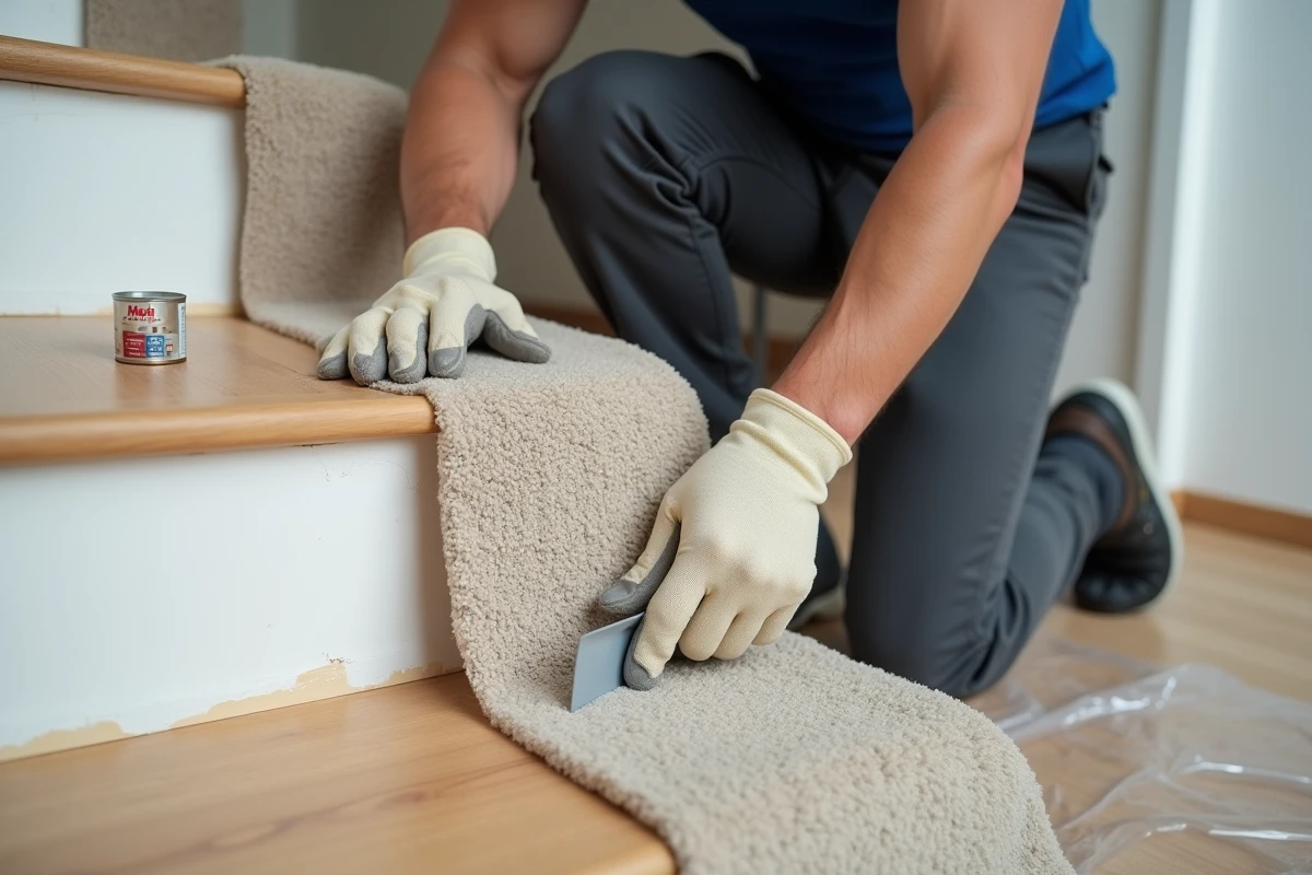 Installateur posant une moquette beige et un nez de marche en PVC gris sur un escalier en bois lors d'une rénovation intérieure