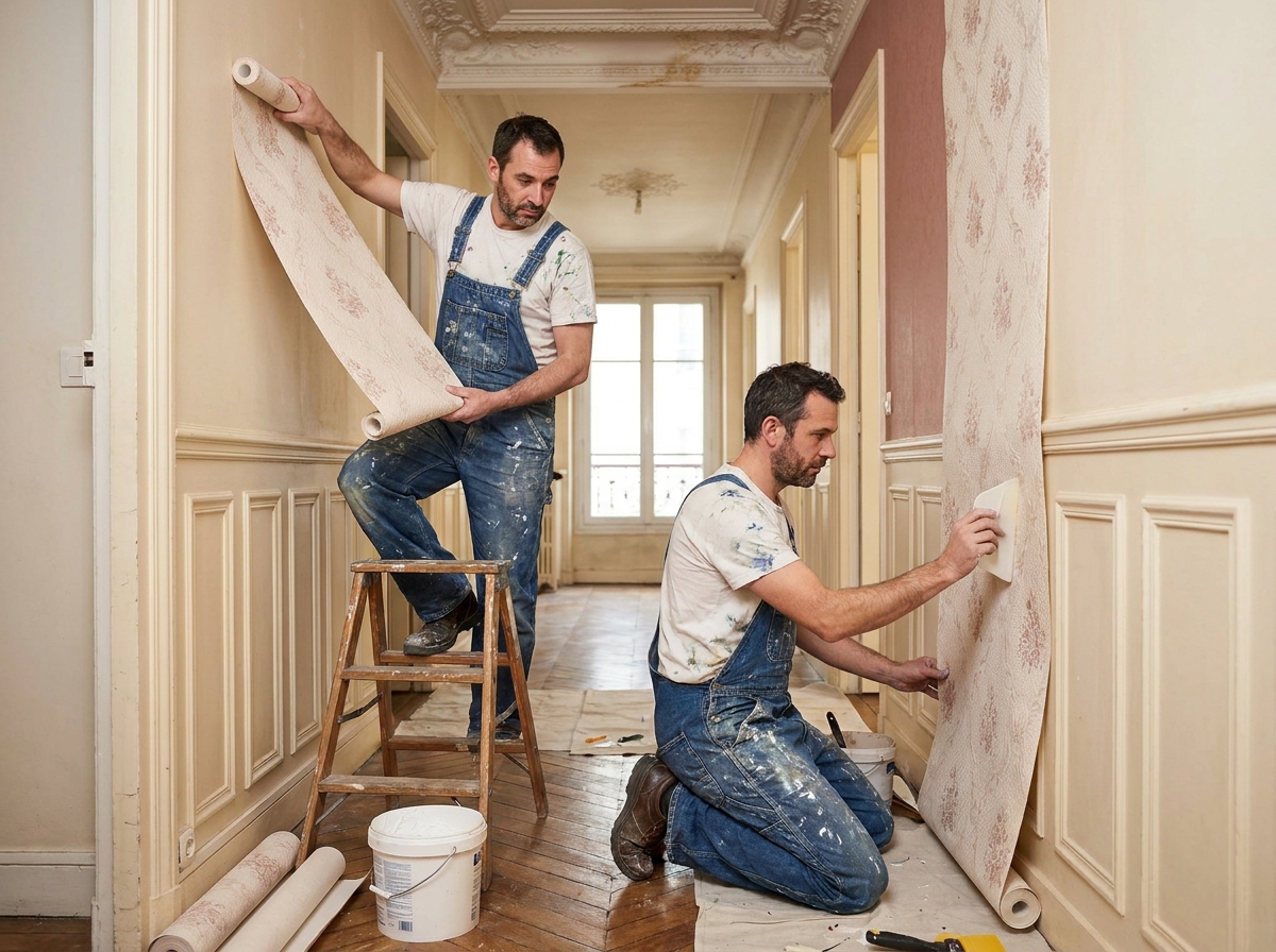 Deux ouvriers professionnels posant du papier peint texturé dans un couloir de style haussmannien en cours de rénovation