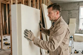 Ouvrier posant une plaque d'isolation thermique rigide sur un mur intérieur en chantier