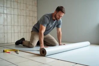 Installateur posant un rouleau de sol PVC sur du carrelage existant dans une cuisine résidentielle vide
