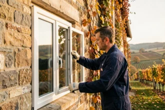 Poseur de fenêtres installant une menuiserie PVC sur une maison en pierre typique de Bourgogne-Franche-Comté