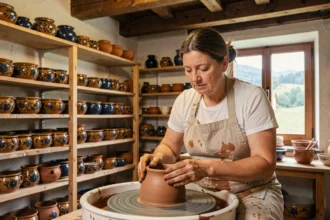 Artisane potière façonnant un pot en céramique alsacienne traditionnelle dans l'atelier de la Poterie Beck à Soufflenheim