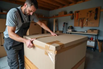 Homme enveloppant un meuble en bois avec des couvertures de déménagement et du film étirable dans un garage avant un transport particulier