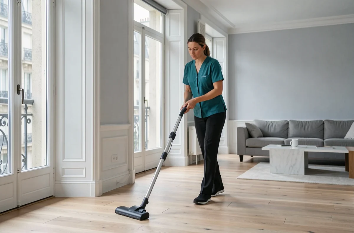 Professionnelle du ménage à domicile passant l'aspirateur dans un salon de style haussmannien