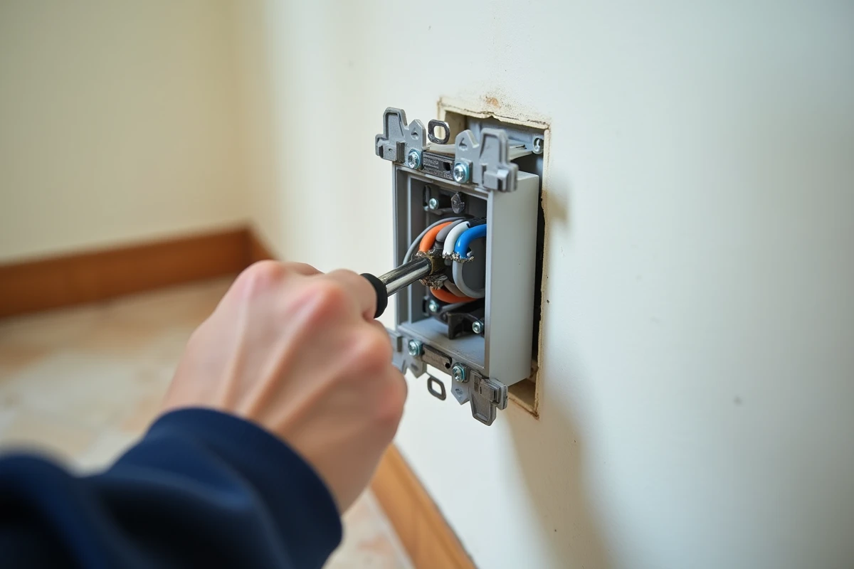 Prise téléphonique murale démontée avec fils gris, blanc et bleu raccordés sur le bornier à vis