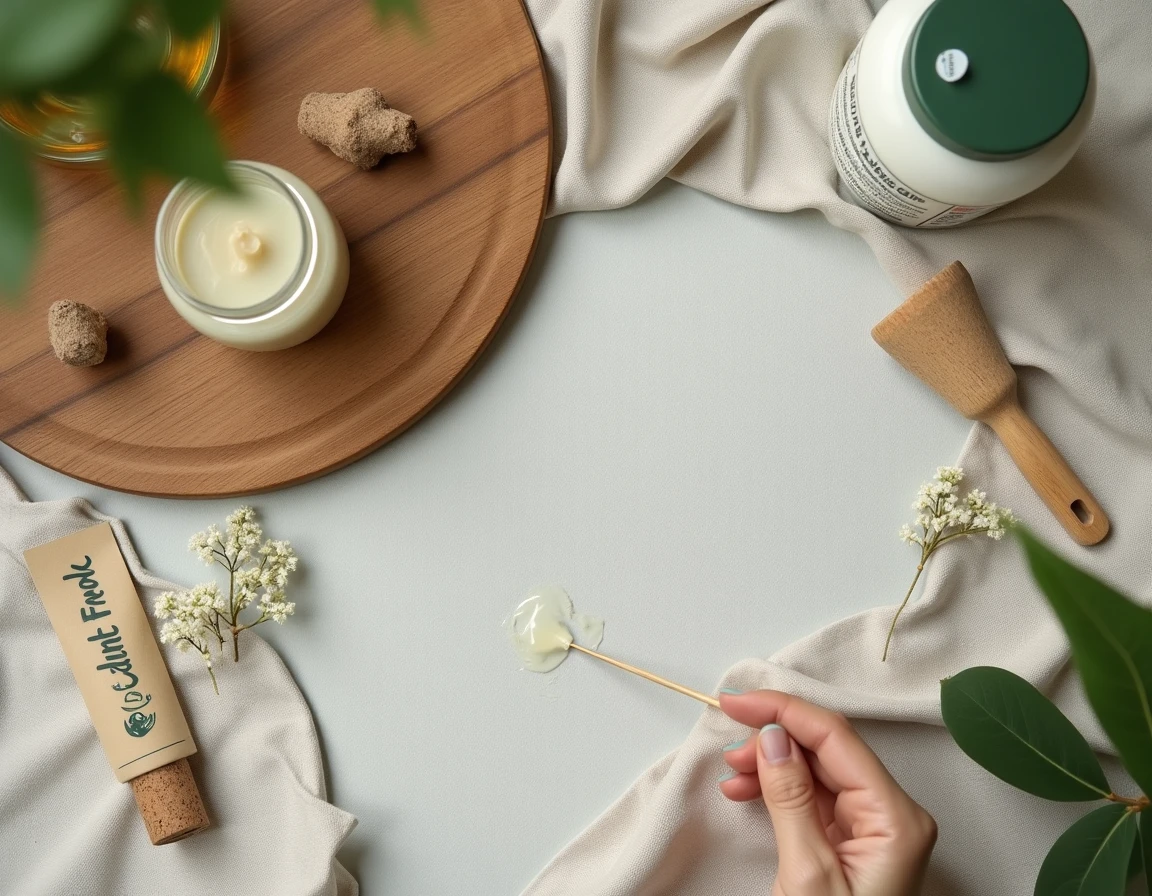 Produits de collage écologiques sans solvant disposés en flat lay sur une surface en lin naturel
