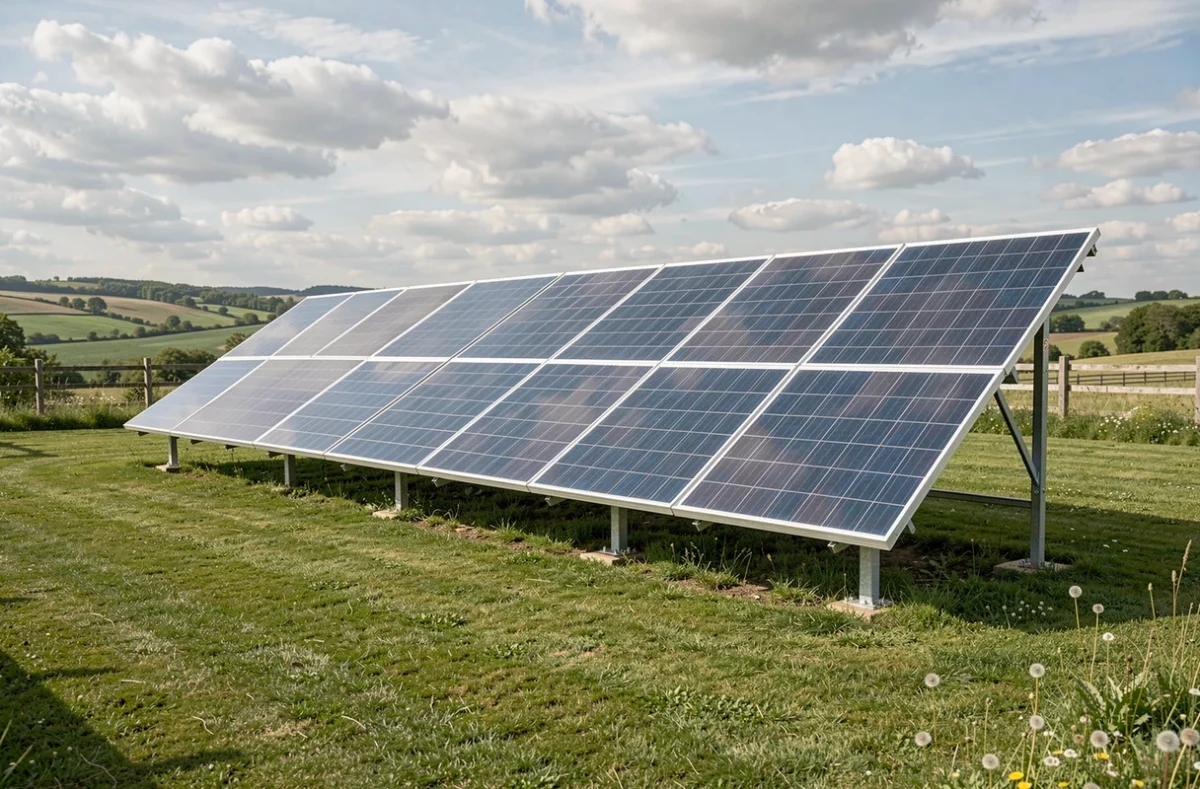 Rangée de panneaux solaires au sol dans un jardin avec vue sur la campagne