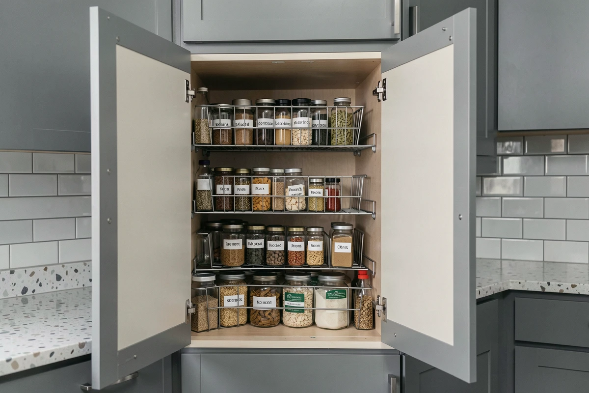 Placard de cuisine ouvert révélant un rangement intérieur optimisé avec paniers coulissants, étagères réglables et bocaux en verre étiquetés