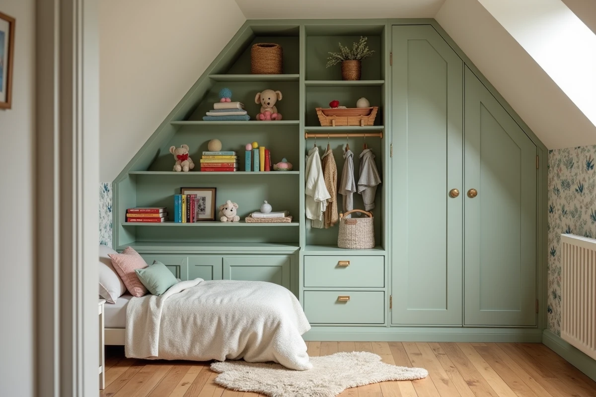 Rangement sur mesure sous pente dans une chambre d'enfant mansardée avec étagères ouvertes en vert sauge et parquet bois