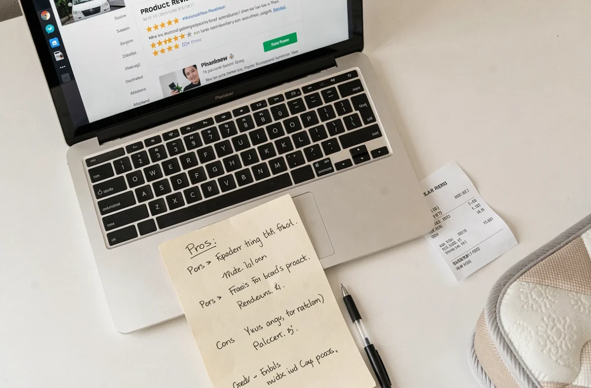 Flat-lay d'un bureau avec ordinateur portable affichant des avis clients mitigés sur un matelas, notes manuscrites et reçu d'achat