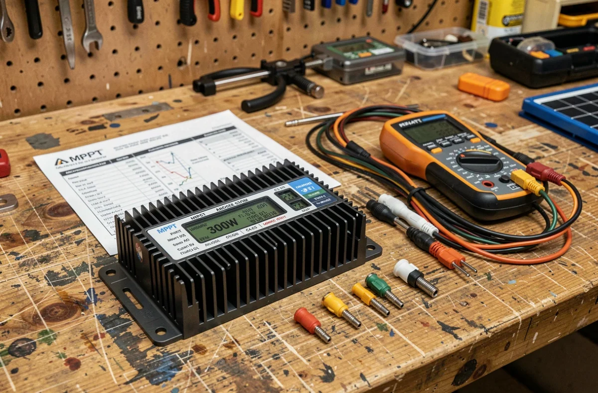 Régulateur de charge MPPT posé sur un établi avec un multimètre, des connecteurs et une fiche technique de panneau solaire 300W