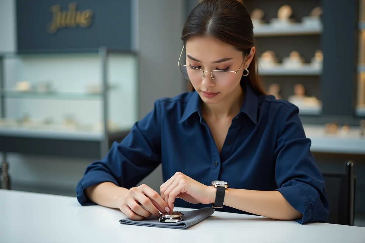 Technicienne de boutique horlogerie insérant une pile bouton neuve dans une montre analogique