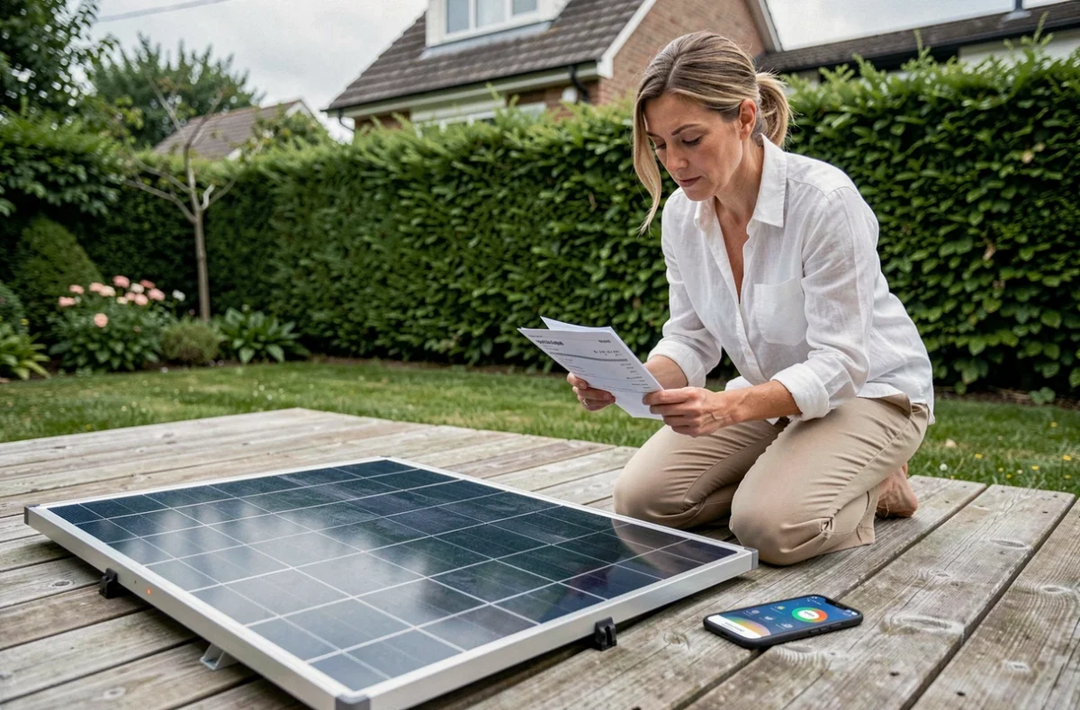 Femme analysant sa facture d'électricité à côté d'un panneau solaire plug and play dans un jardin