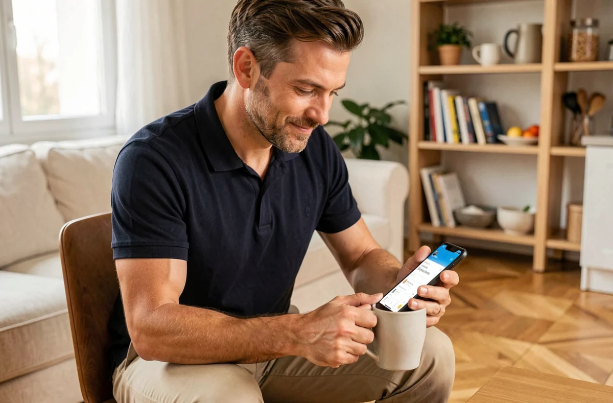Homme réservant un service de ménage à domicile ponctuel sans engagement via une application mobile