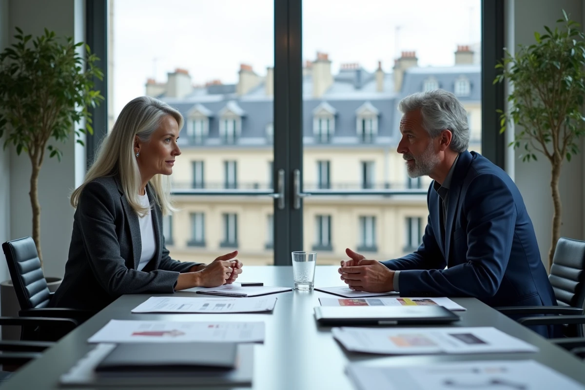 Réunion stratégique entre deux professionnels de la mode à Paris, discutant des projets et perspectives de la maison Éthier pour 2026