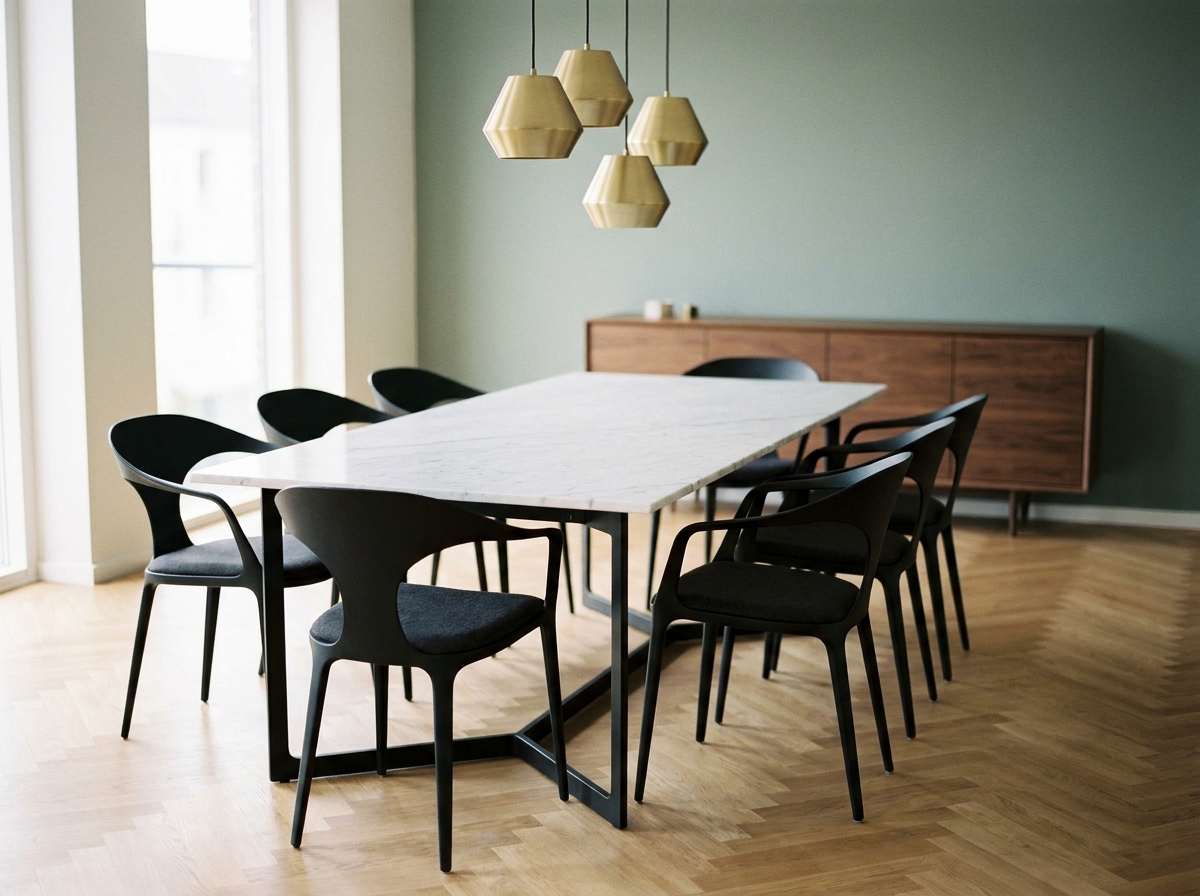 Salle à manger moderne avec table en marbre blanc, chaises noires et crédence en noyer sur parquet en chêne