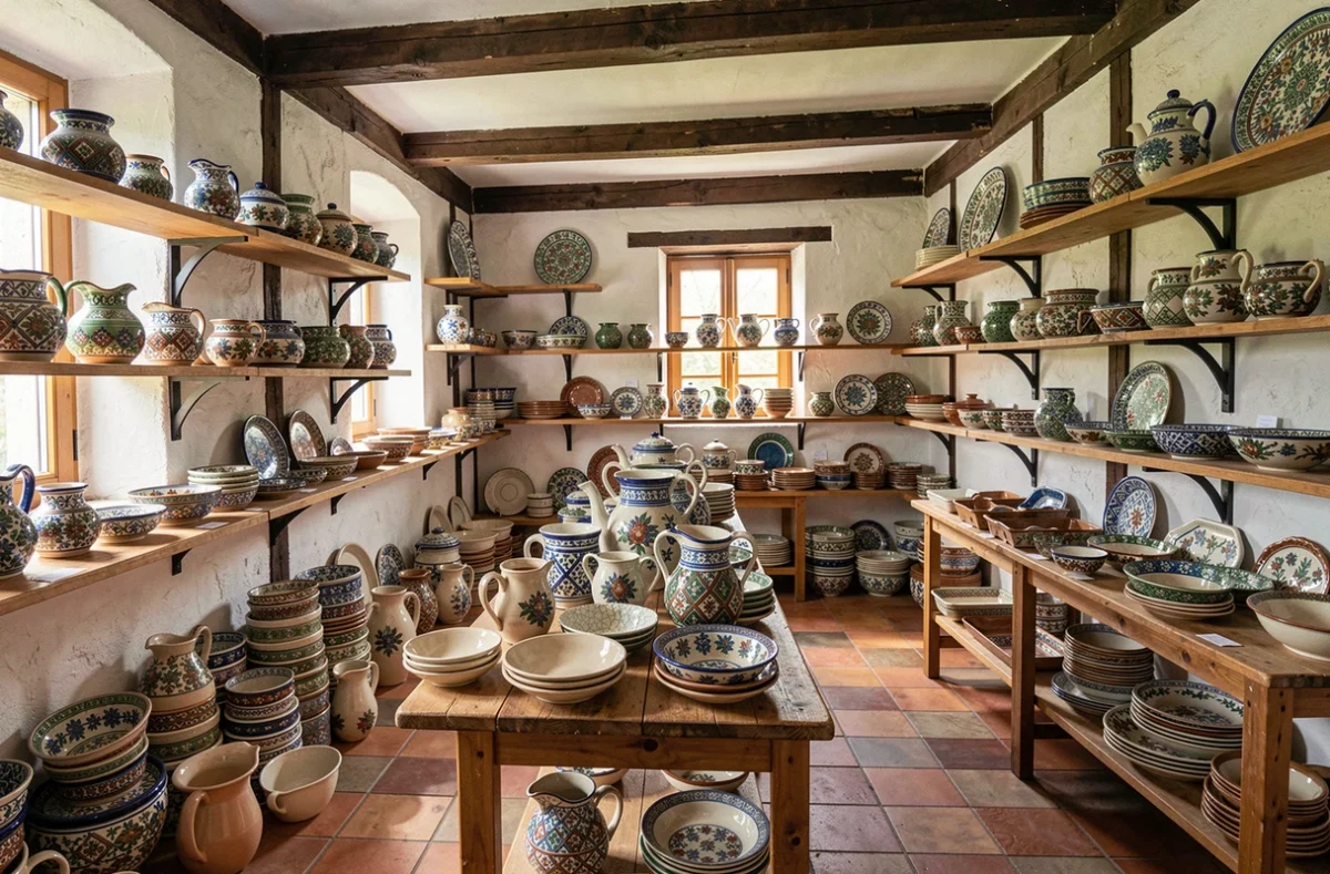 Salle d'exposition de la Poterie Beck à Soufflenheim avec des rangées de faïences alsaciennes peintes à la main