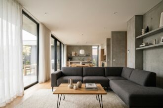 Salon contemporain avec canapé gris anthracite, table basse en chêne et tapis en laine crème dans un intérieur minimaliste