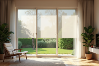Salon moderne avec fenêtre et moustiquaire rétractable