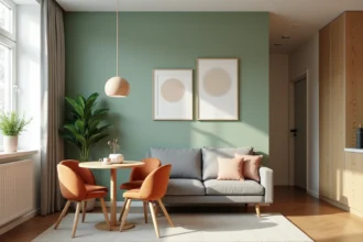Petit salon et salle à manger dans la même pièce séparés par des couleurs contrastées, mur vert sauge côté repas et blanc cassé côté salon