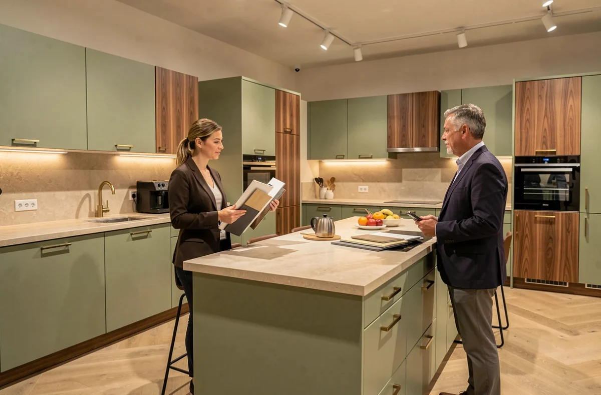 Showroom Schmidt Vichy avec une consultante présentant des échantillons de matériaux à un client devant un îlot de cuisine