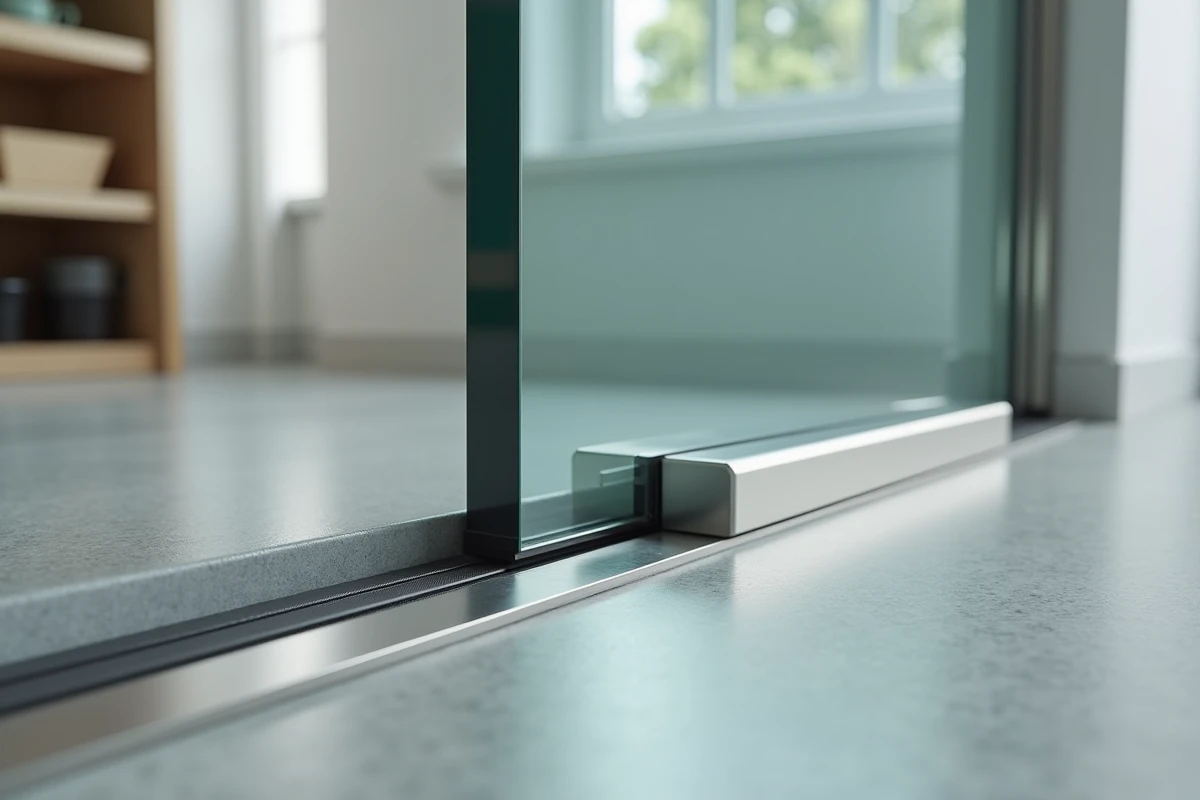 Gros plan sur la serrure de sécurité enfant et la poignée encastrée d'une trappe en verre trempé dans un sol en béton poli