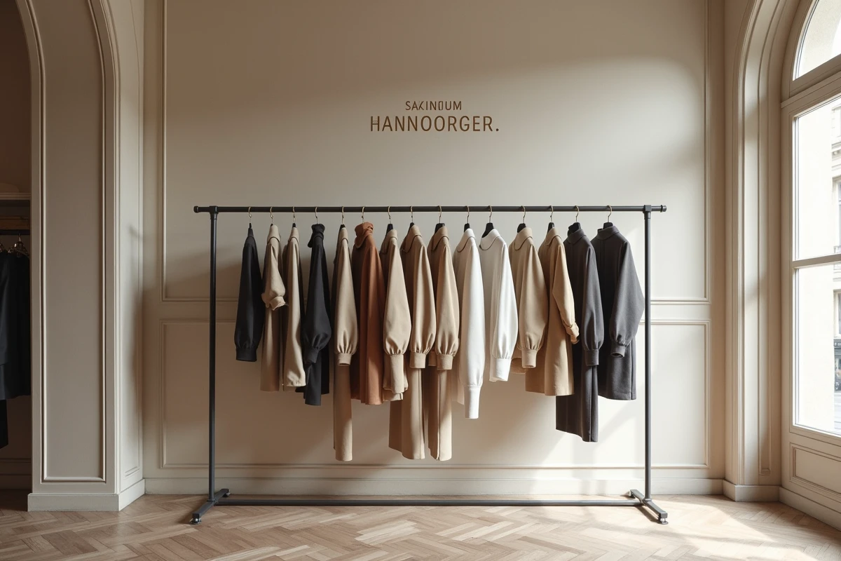Showroom parisien élégant avec une collection de vêtements minimalistes, illustrant le renouveau et les projets de la maison Éthier en 2026
