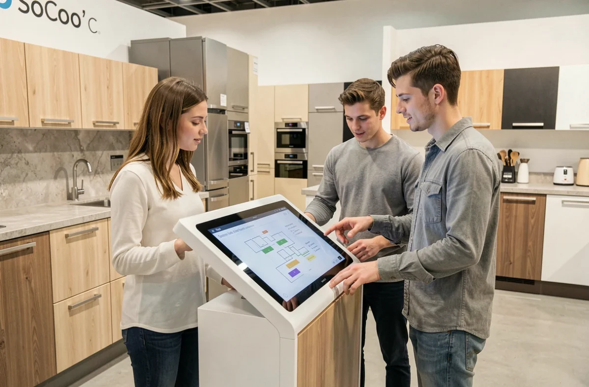 Conseillère SoCoo'c Moulins aidant un jeune couple à configurer leur cuisine sur une borne tactile en showroom