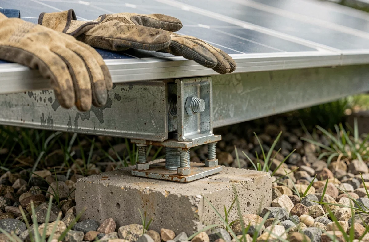 Détail de la structure de fixation au sol d'un panneau photovoltaïque avec ancrage béton
