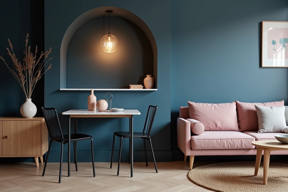 Studio avec coin repas délimité par un demi-mur bleu marine et espace salon en rose poudré, décoration minimaliste et chaleureuse