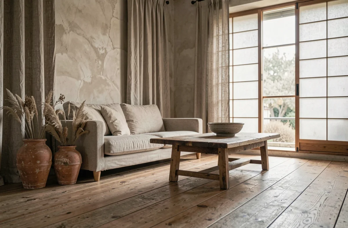 Intérieur wabi-sabi parisien du Studio Heju avec matériaux bruts, lin naturel et céramique artisanale