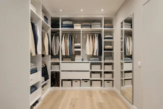 Système de rangement modulaire en placards blancs laqués dans un dressing moderne avec étagères, penderies et boîtes de rangement organisées