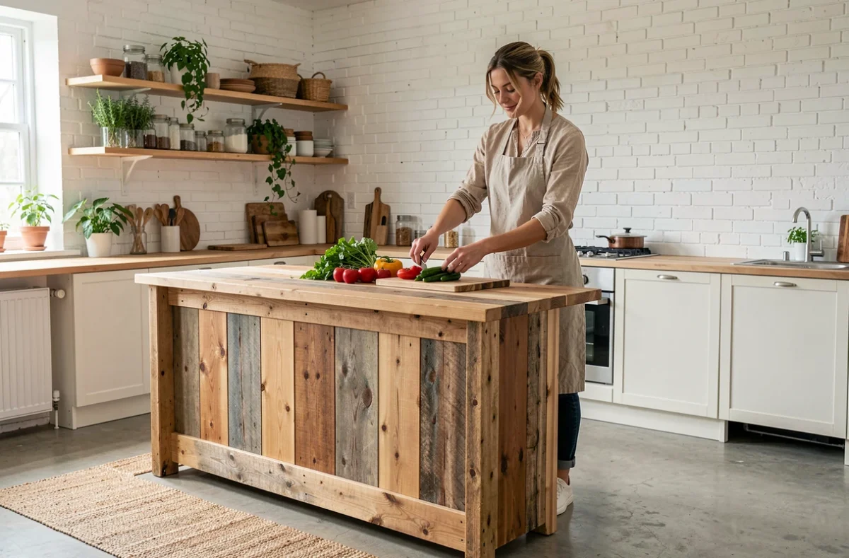 Femme utilisant une table bar en bois recyclé comme îlot de cuisine dans une maison écoresponsable