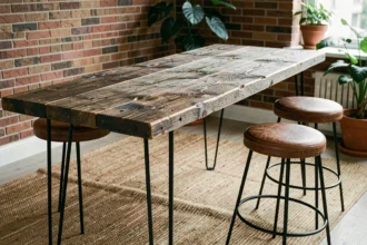 Table bar en bois recyclé avec pieds en métal noir dans un salon scandinave moderne