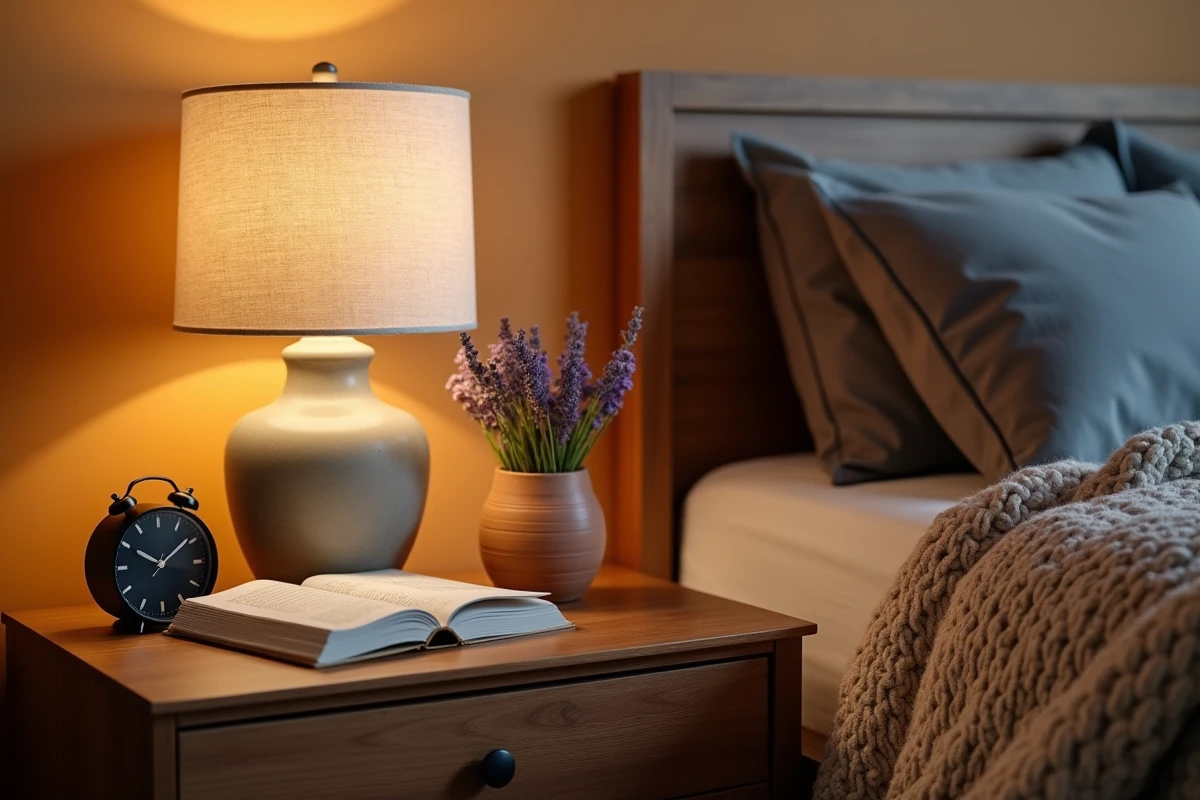 Table de nuit en noyer avec lampe en grès artisanal, bouquet lavande séchée et plaid grosse maille dans une chambre parentale