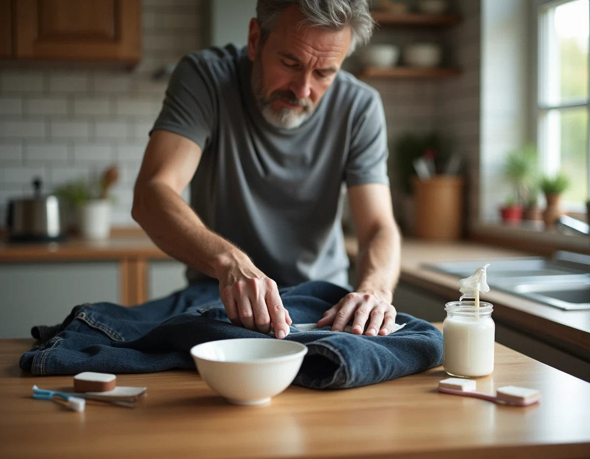 Homme utilisant du vinaigre blanc et du bicarbonate pour traiter une ancienne tache de fruit sur un jean foncé à la cuisine