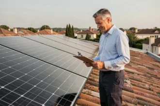 Technicien inspectant des panneaux solaires installés sur le toit d'une maison individuelle en zone pavillonnaire
