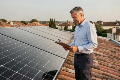 Technicien inspectant des panneaux solaires installés sur le toit d'une maison individuelle en zone pavillonnaire