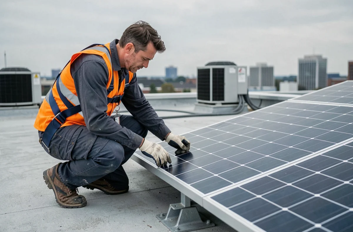 Technicien inspectant un panneau solaire 500W sur un toit commercial, vue en trois quarts réaliste