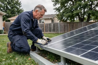 Technicien inspectant un panneau photovoltaïque installé au sol dans un jardin résidentiel