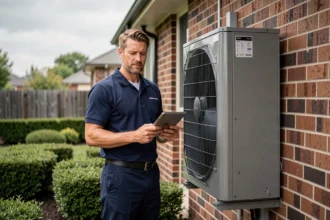 Technicien en chauffage évaluant la puissance d'une pompe à chaleur air-air installée sur la façade d'une maison individuelle