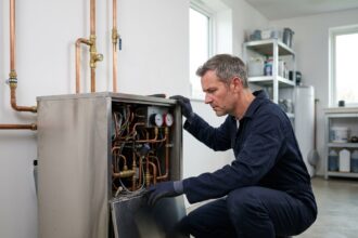 Technicien inspectant une pompe à chaleur géothermique dans une chaufferie moderne de maison individuelle