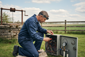 Technicien en overalls examine un boitier de pompe à l'extérieur
