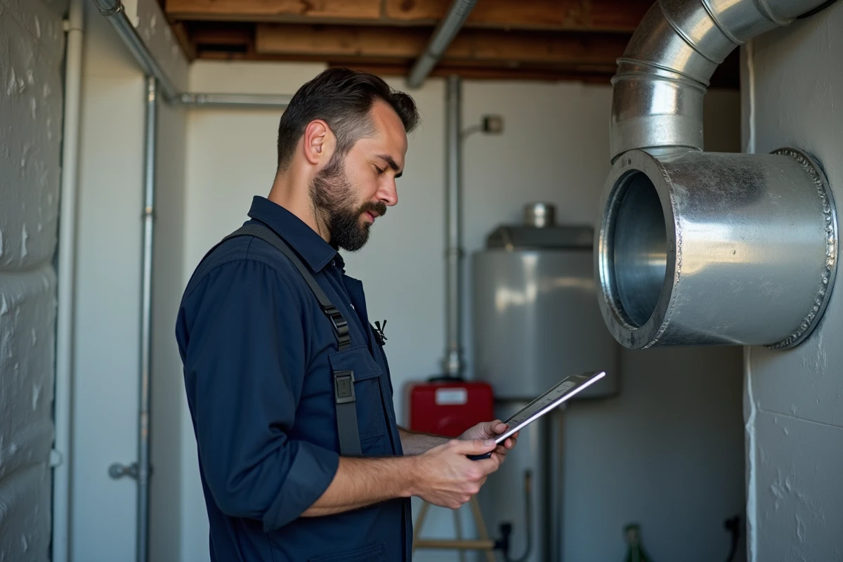 Technicien HVAC examine un conduit VMC neuf dans une pièce rénovée