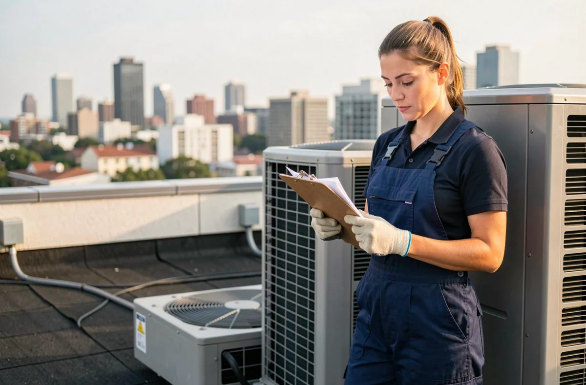 Technicienne HVAC inspectant une pompe à chaleur sur toiture terrasse d'immeuble urbain