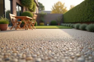 Terrasse en béton désactivé avec galets apparents dans un jardin résidentiel, table et chaises en bois sur surface texturée aux tons beige et gris