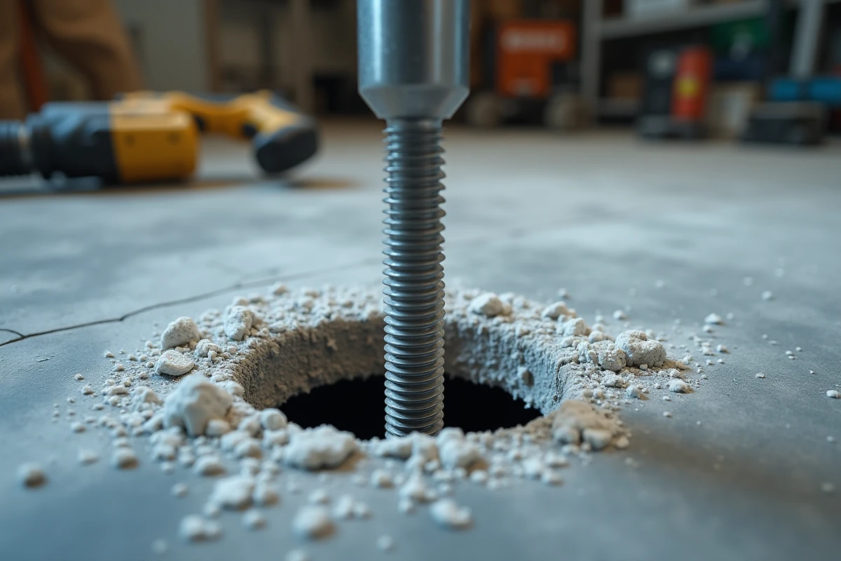 Tige filetée en acier inoxydable insérée dans un trou de béton avec résine de scellement chimique débordante