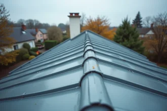 Toiture en bac acier imitation zinc sur maison individuelle, vue aérienne légèrement plongeante montrant la texture métallique gris ardoise
