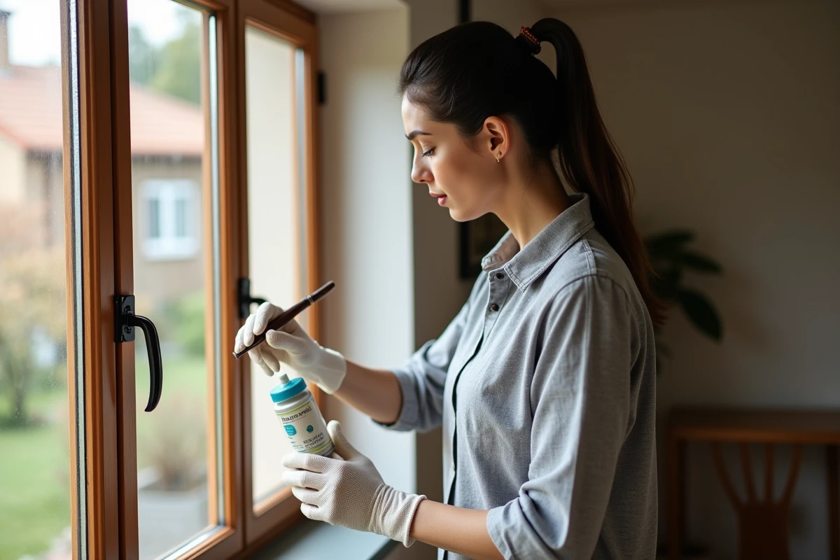 Femme appliquant un traitement insecticide sur un cadre de fenêtre en bois endommagé par des capricornes dans une maison