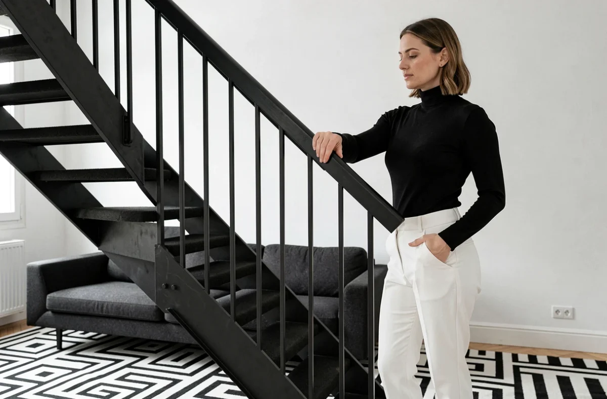 Intérieur parisien aux lignes graphiques de Transition Interior Design avec escalier en acier noir et tapis géométrique